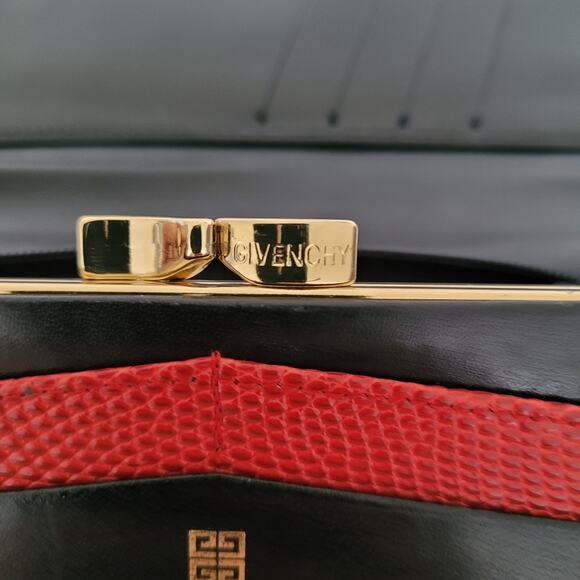 Givenchy Vintage Lizard Leather Wallet Black Red Logo Envelope Large Clutch - Picture 7 of 16